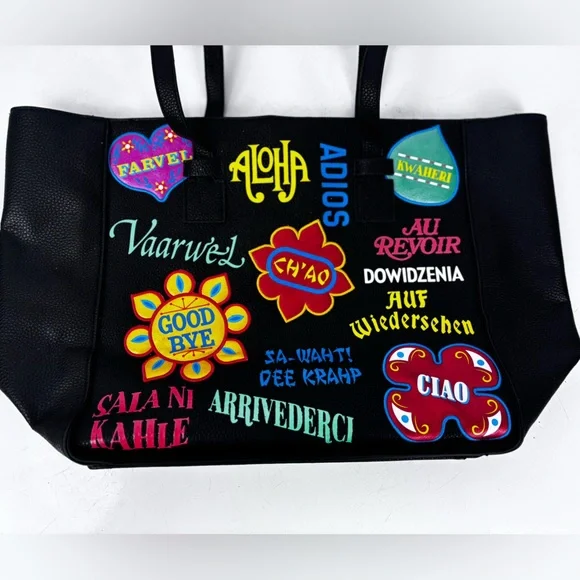 Danielle Nicole Disney It’s a Small World Black Tote with Colorful Patches - Picture 4 of 11